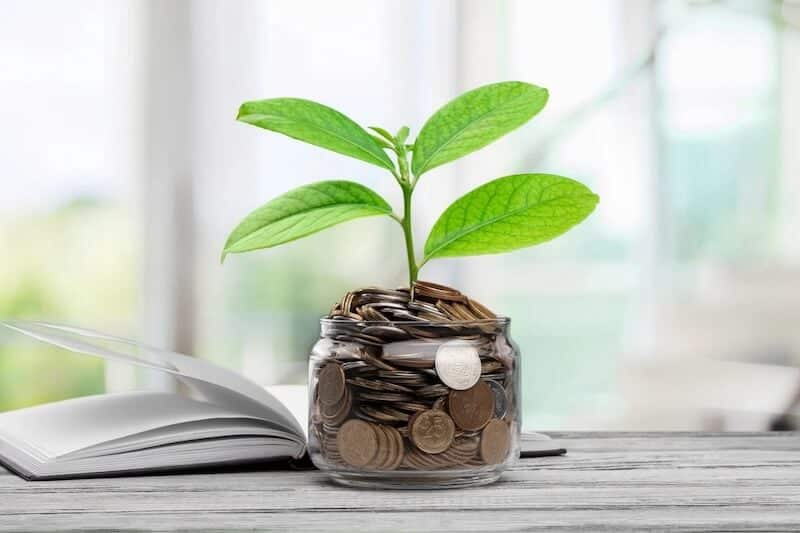 A plant sprouting from a glass jar filled with coins, symbolizing financial growth and investment, placed on a wooden surface next to an open book with a blurred background suggesting a bright, airy space.